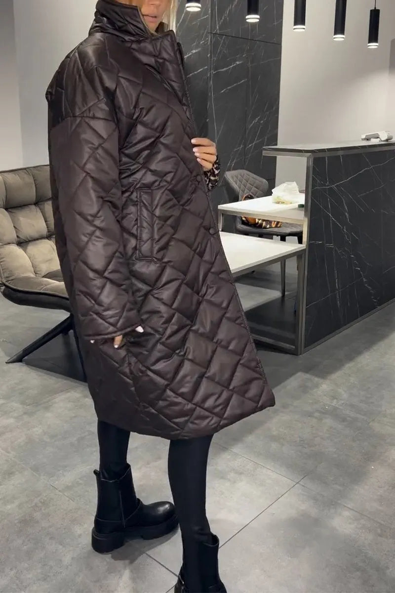 Abrigo Elegante Acolchado para Mujeres con Cuello de Muesca y Manga Larga, Estilo Oversized con Detalles de Leopardo