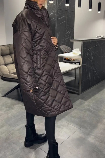 Abrigo Elegante Acolchado para Mujeres con Cuello de Muesca y Manga Larga, Estilo Oversized con Detalles de Leopardo