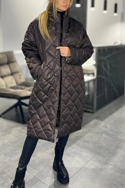Abrigo Elegante Acolchado para Mujeres con Cuello de Muesca y Manga Larga, Estilo Oversized con Detalles de Leopardo
