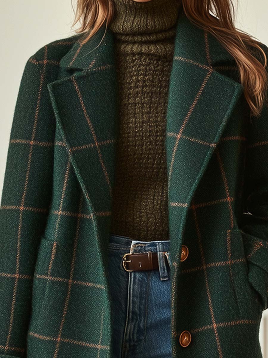 Abrigo de Lana a Cuadros Verde Oscuro Elegante para Mujeres con Solapa Cortada, Manga Larga, Doble Botonadura y Estilo Relajado