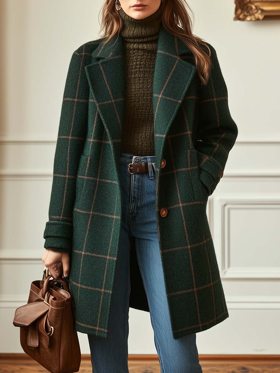 Abrigo de lana elegante con cuadros ventana para mujeres, con solapa muesca, manga larga, frente abotonado y estilo largo