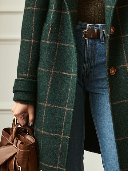 Abrigo de lana elegante con cuadros ventana para mujeres, con solapa muesca, manga larga, frente abotonado y estilo largo
