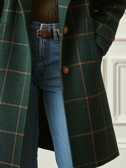 Abrigo de Lana a Cuadros Verde Oscuro Elegante para Mujeres con Solapa Cortada, Manga Larga, Doble Botonadura y Estilo Relajado