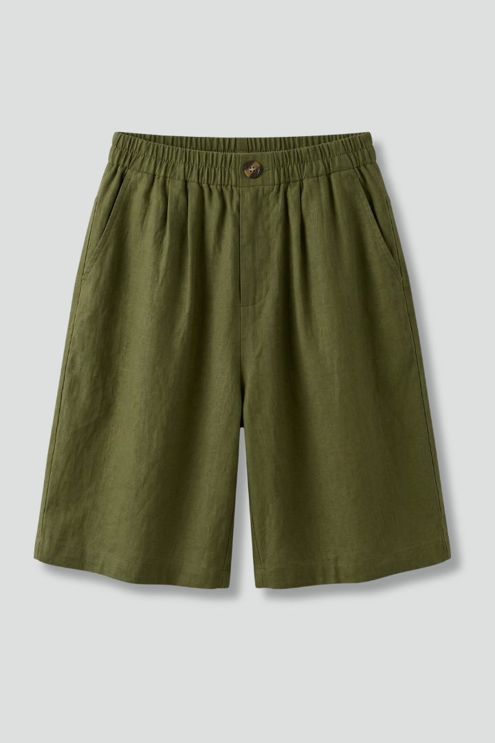 Pantalones Cortos Bermuda de Lino Sin Esfuerzo para Mujeres con Cintura Alta, Frente con Botón, Estilo Plisado y Relajado