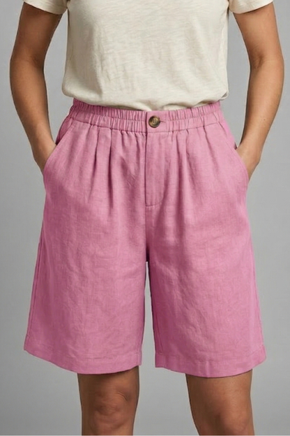 Pantalones Cortos Bermuda de Lino Sin Esfuerzo para Mujeres con Cintura Alta, Frente con Botón, Estilo Plisado y Relajado
