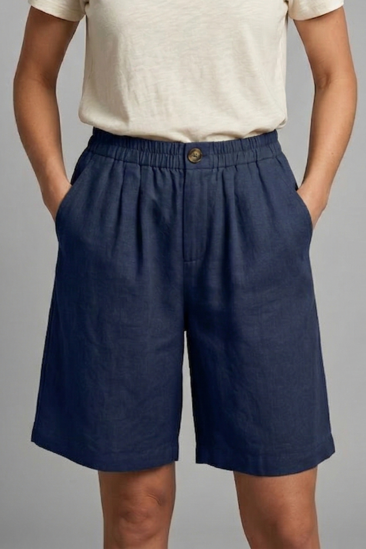 Pantalones Cortos Bermuda de Lino Sin Esfuerzo para Mujeres con Cintura Alta, Frente con Botón, Estilo Plisado y Relajado