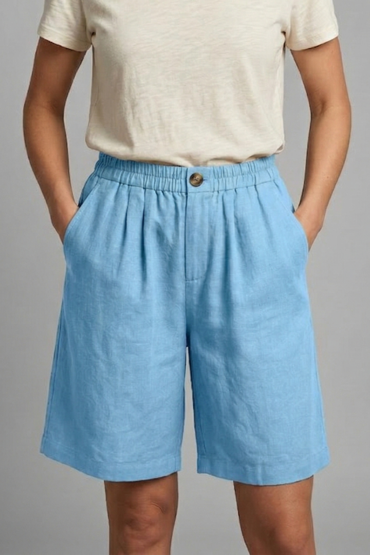 Pantalones Cortos Bermuda de Lino Sin Esfuerzo para Mujeres con Cintura Alta, Frente con Botón, Estilo Plisado y Relajado