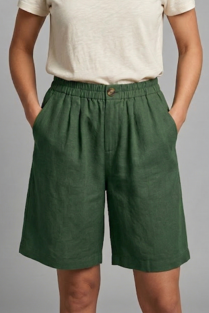 Pantalones Cortos Bermuda de Lino Sin Esfuerzo para Mujeres con Cintura Alta, Frente con Botón, Estilo Plisado y Relajado