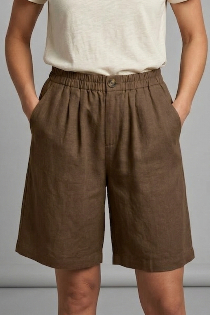 Pantalones Cortos Bermuda de Lino Sin Esfuerzo para Mujeres con Cintura Alta, Frente con Botón, Estilo Plisado y Relajado