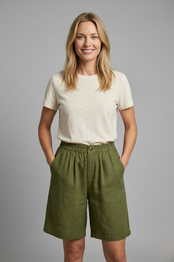Pantalones Cortos Bermuda de Lino Sin Esfuerzo para Mujeres con Cintura Alta, Frente con Botón, Estilo Plisado y Relajado