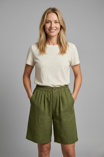 Pantalones Cortos Bermuda de Lino Sin Esfuerzo para Mujeres con Cintura Alta, Frente con Botón, Estilo Plisado y Relajado