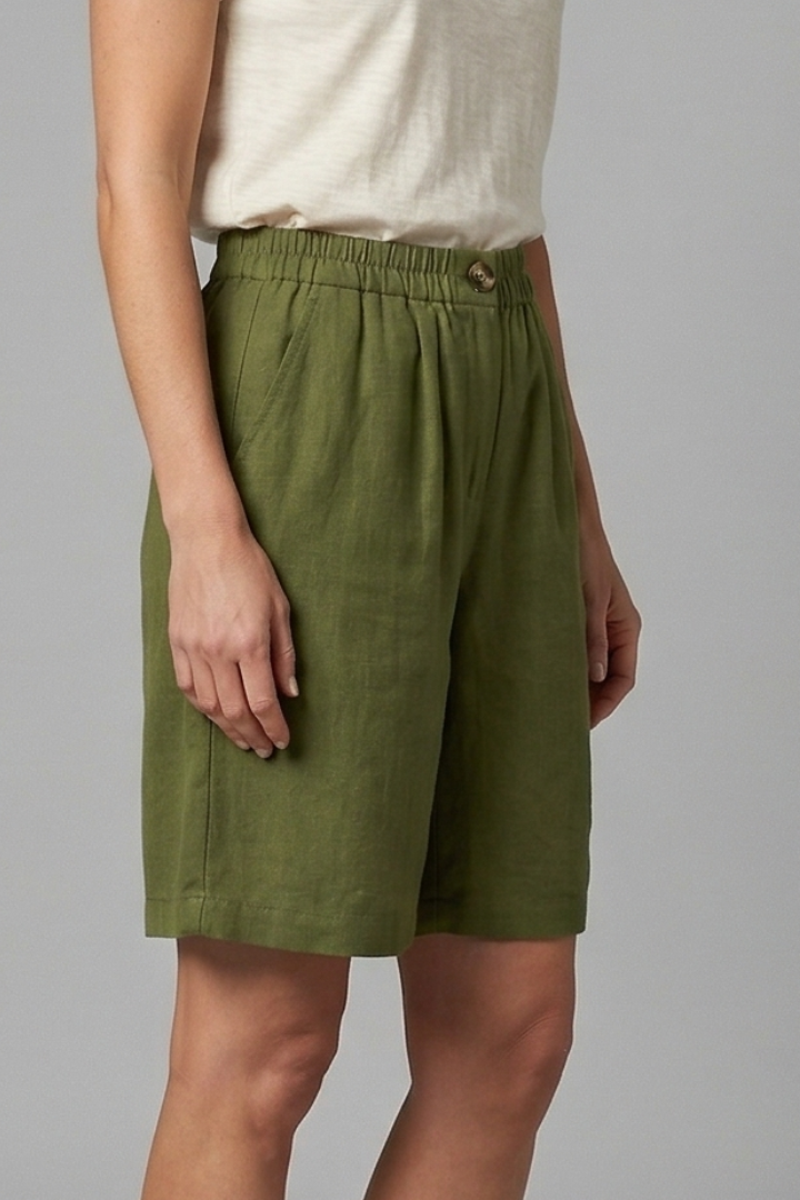 Pantalones Cortos Bermuda de Lino Sin Esfuerzo para Mujeres con Cintura Alta, Frente con Botón, Estilo Plisado y Relajado