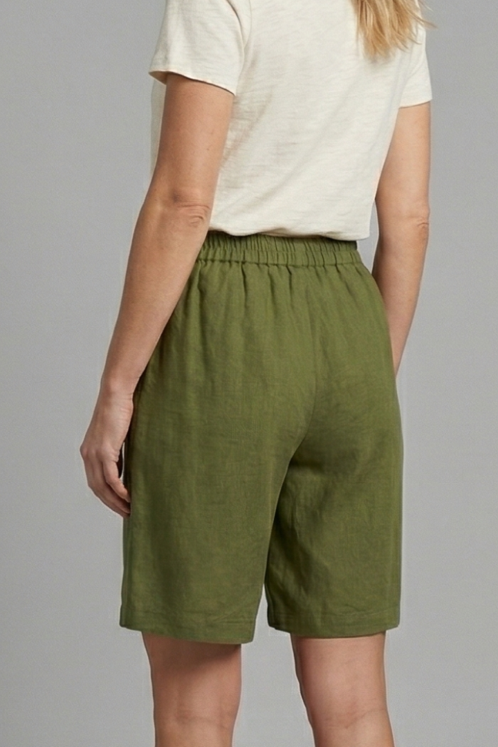 Pantalones Cortos Bermuda de Lino Sin Esfuerzo para Mujeres con Cintura Alta, Frente con Botón, Estilo Plisado y Relajado