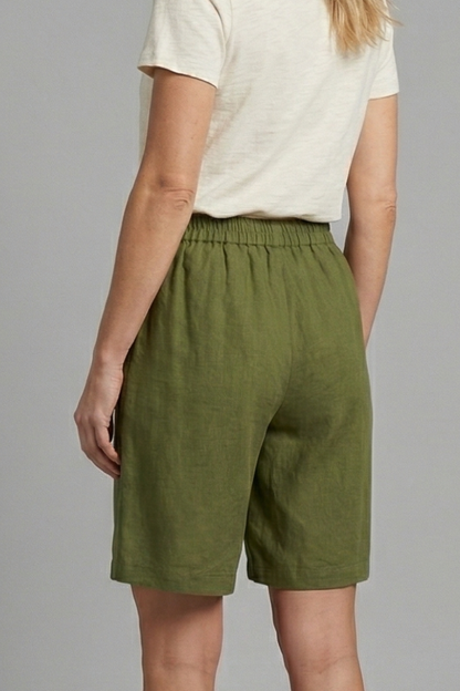 Pantalones Cortos Bermuda de Lino Sin Esfuerzo para Mujeres con Cintura Alta, Frente con Botón, Estilo Plisado y Relajado
