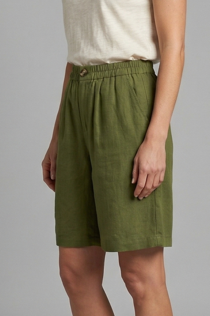 Pantalones Cortos Bermuda de Lino Sin Esfuerzo para Mujeres con Cintura Alta, Frente con Botón, Estilo Plisado y Relajado