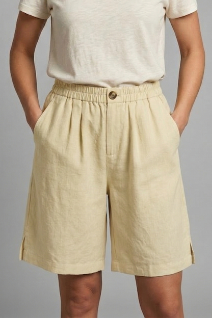 Pantalones Cortos Bermuda de Lino Sin Esfuerzo para Mujeres con Cintura Alta, Frente con Botón, Estilo Plisado y Relajado
