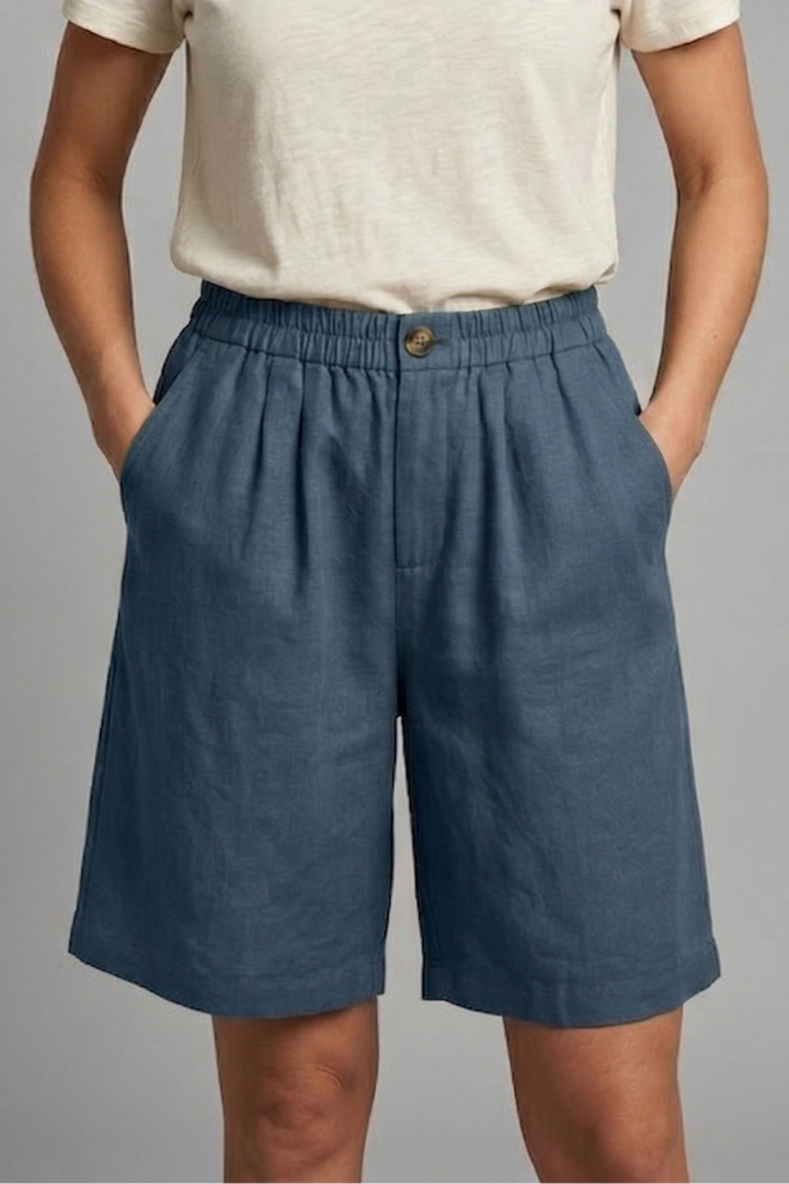 Pantalones Cortos Bermuda de Lino Sin Esfuerzo para Mujeres con Cintura Alta, Frente con Botón, Estilo Plisado y Relajado