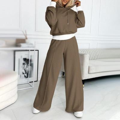 Conjunto de Pierna Ancha Sin Esfuerzo para Mujeres con Sudadera Cortada y Cintura Ajustable Estilo Relajado de Dos Piezas