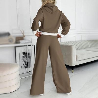 Conjunto de Pierna Ancha Sin Esfuerzo para Mujeres con Sudadera Cortada y Cintura Ajustable Estilo Relajado de Dos Piezas