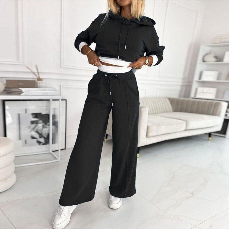Conjunto de Pierna Ancha Sin Esfuerzo para Mujeres con Sudadera Cortada y Cintura Ajustable Estilo Relajado de Dos Piezas