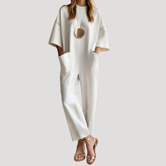 Elegante Mono de Punto Ponte para Mujeres con Cuello Simulado y Manga Corta, Estilo Relajado y Acampanado