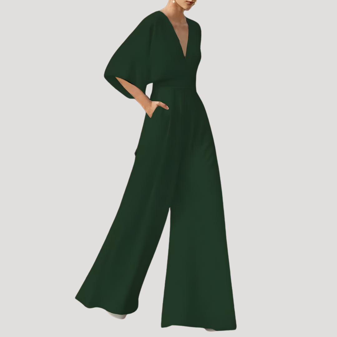 Mono Elegante de Pierna Ancha para Mujeres con Escote en V y Mangas de Kimono, Cintura Ajustada, Estilo Formal