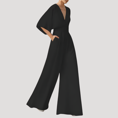 Mono Elegante de Pierna Ancha para Mujeres con Escote en V y Mangas de Kimono, Cintura Ajustada, Estilo Formal