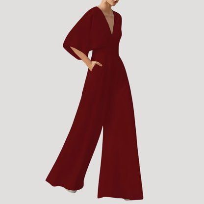 Mono Elegante de Pierna Ancha para Mujeres con Escote en V y Mangas de Kimono, Cintura Ajustada, Estilo Formal