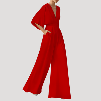 Mono Elegante de Pierna Ancha para Mujeres con Escote en V y Mangas de Kimono, Cintura Ajustada, Estilo Formal