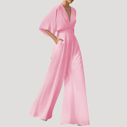Mono Elegante de Pierna Ancha para Mujeres con Escote en V y Mangas de Kimono, Cintura Ajustada, Estilo Formal