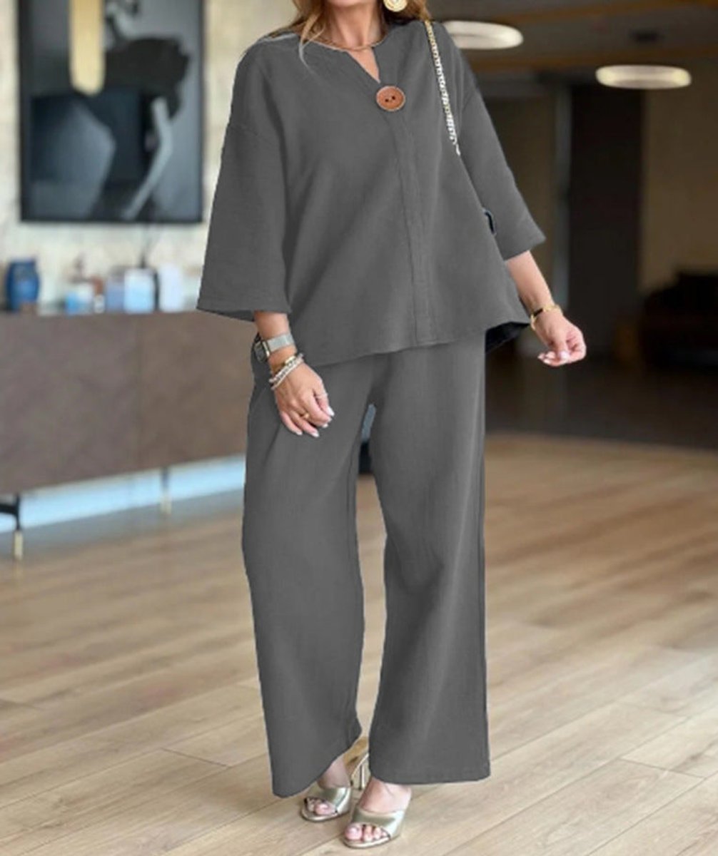 Conjunto de Pierna Ancha de Lino Sin Esfuerzo para Mujeres con Escote en V, Manga de Codo, Botones en la Parte Frontal, Estilo Relajado de Dos Piezas