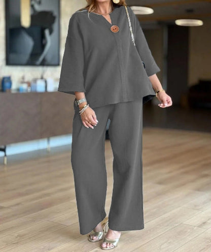 Conjunto de Pierna Ancha de Lino Sin Esfuerzo para Mujeres con Escote en V, Manga de Codo, Botones en la Parte Frontal, Estilo Relajado de Dos Piezas
