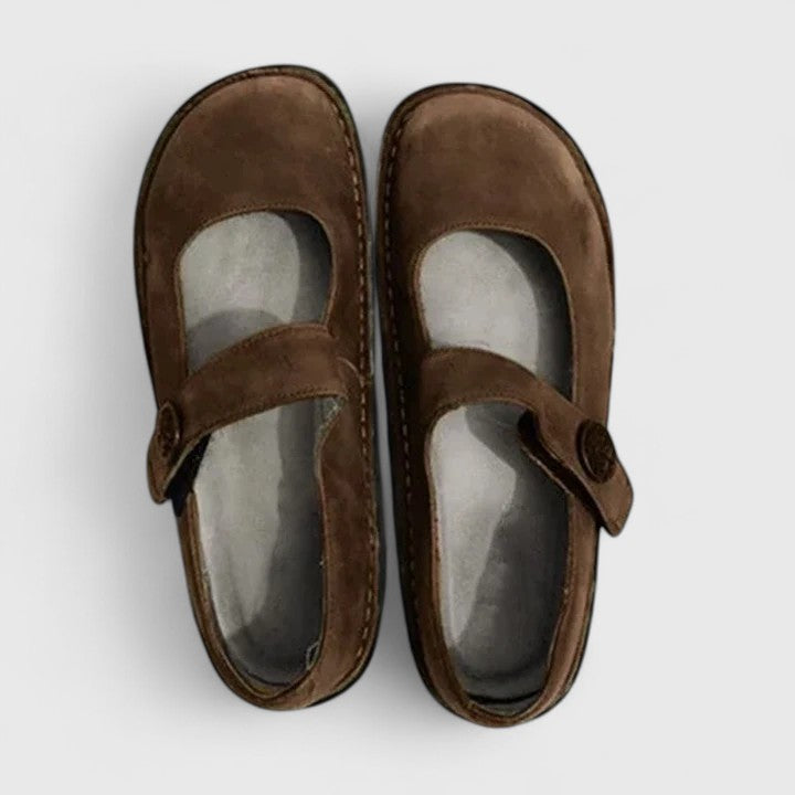 Zapatos Planos Mary Jane de Cuero Cómodos para Mujeres con Punta Redonda y Correa de Botón, Suela Cosida, Estilo Casual