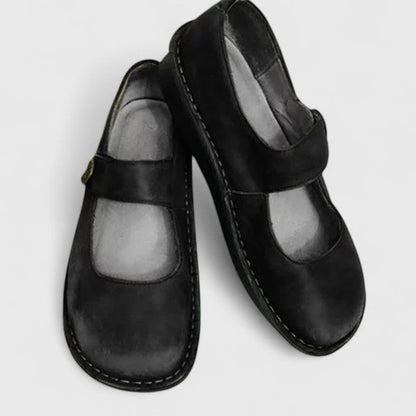 Zapatos Planos Mary Jane de Cuero Cómodos para Mujeres con Punta Redonda y Correa de Botón, Suela Cosida, Estilo Casual