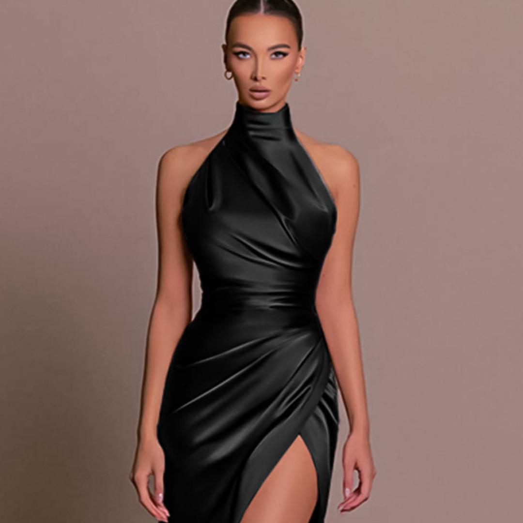 Vestido Mini de Satén Elegante para Mujeres con Cuello Alto, Sin Mangas, Estilo Envolvente Bodycon