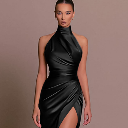 Vestido Mini de Satén Elegante para Mujeres con Cuello Alto, Sin Mangas, Estilo Envolvente Bodycon