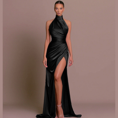 Vestido Mini de Satén Elegante para Mujeres con Cuello Alto, Sin Mangas, Estilo Envolvente Bodycon