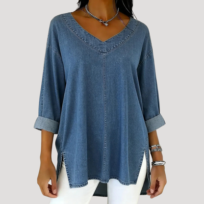 Túnica de Denim Sin Esfuerzo para Mujeres con Cuello en V, Manga de Codo y Dobladillo Alto-Bajo Estilo Relajado