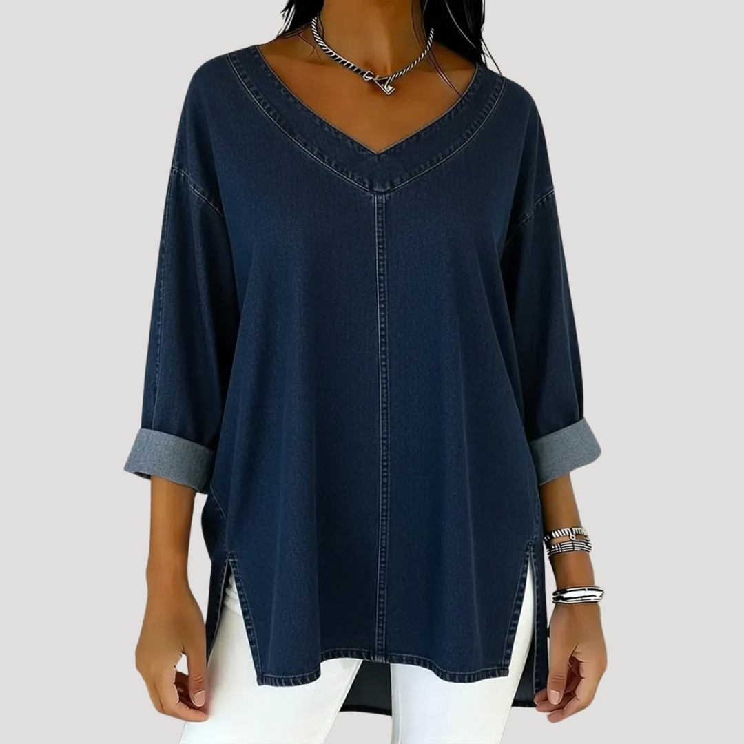Túnica de Denim Sin Esfuerzo para Mujeres con Cuello en V, Manga de Codo y Dobladillo Alto-Bajo Estilo Relajado