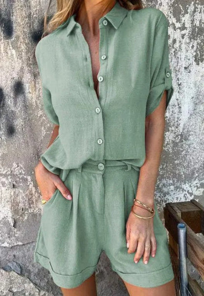 Conjunto de Dos Piezas de Lino Sin Esfuerzo para Mujeres con Cuello en V, Mangas de Codo y Pantalones Cortos Plisados de Estilo Relajado