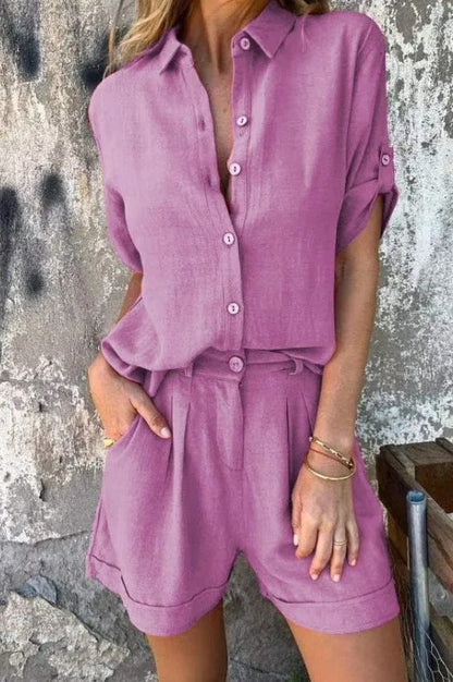 Conjunto de Dos Piezas de Lino Sin Esfuerzo para Mujeres con Cuello en V, Mangas de Codo y Pantalones Cortos Plisados de Estilo Relajado