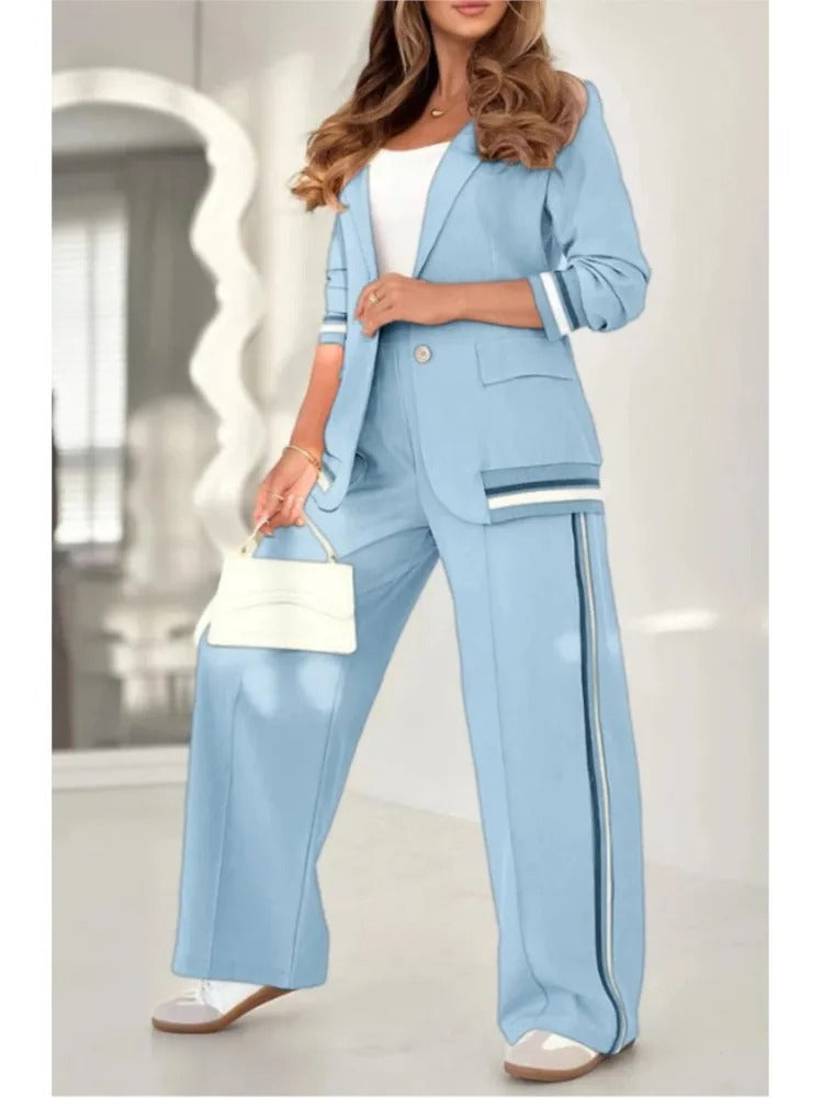 Conjunto Elegante de Dos Piezas para Mujeres con Blazer de Solapa Notch y Pantalones de Pierna Ancha Estilo Formal