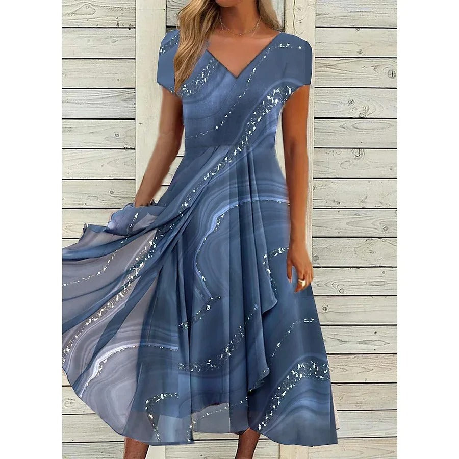 Elegante vestido midi de impresión mármol con lentejuelas para mujeres, con escote en V, mangas cortas, estilo envolvente y volantes para fiestas formales