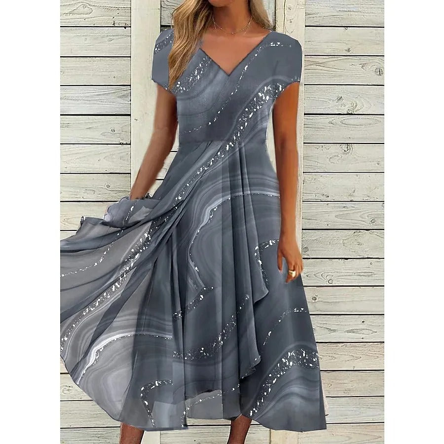 Elegante vestido midi de impresión mármol con lentejuelas para mujeres, con escote en V, mangas cortas, estilo envolvente y volantes para fiestas formales