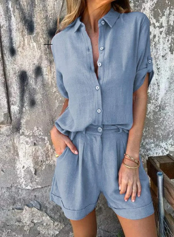 Conjunto de Dos Piezas de Lino Sin Esfuerzo para Mujeres con Cuello en V, Mangas de Codo y Pantalones Cortos Plisados de Estilo Relajado