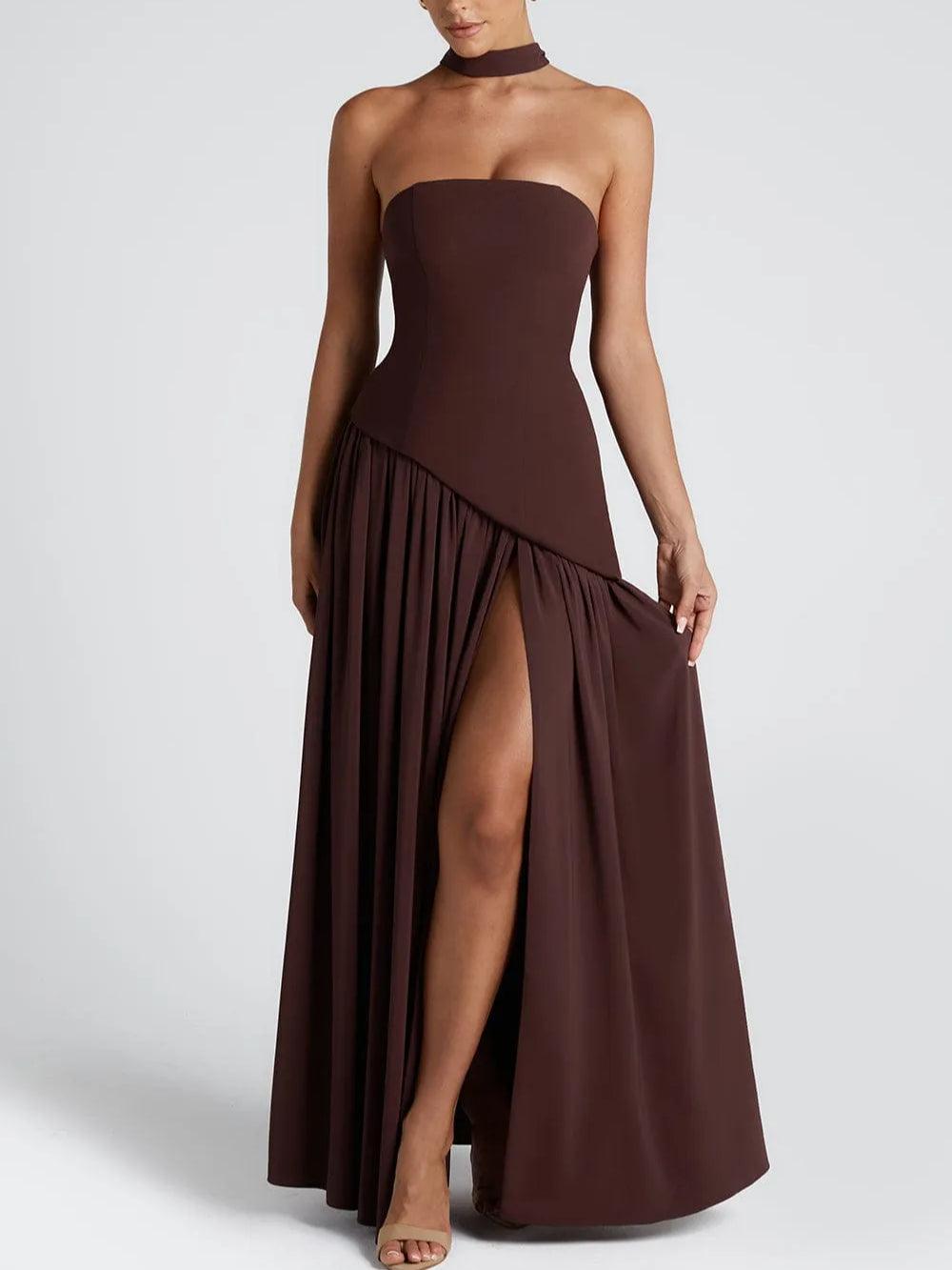 Vestido Maxi de Satén Elegante para Mujeres con Chal Esculpido Sin Mangas y Gran Abertura, Estilo Formal para Invitadas de Boda