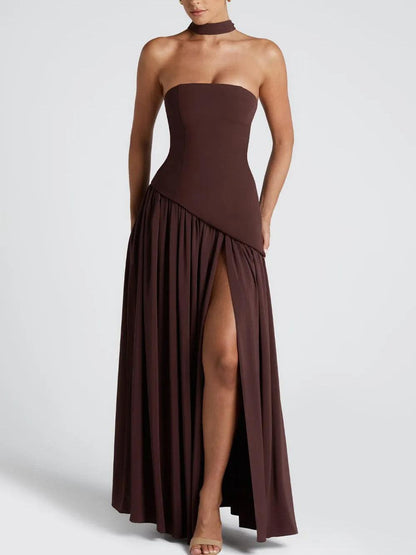 Vestido Maxi de Satén Elegante para Mujeres con Chal Esculpido Sin Mangas y Gran Abertura, Estilo Formal para Invitadas de Boda