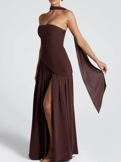 Vestido Maxi de Satén Elegante para Mujeres con Chal Esculpido Sin Mangas y Gran Abertura, Estilo Formal para Invitadas de Boda