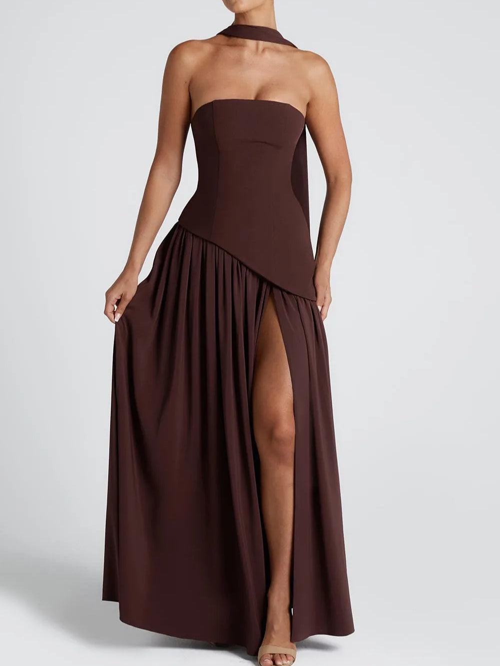 Vestido Maxi de Satén Elegante para Mujeres con Chal Esculpido Sin Mangas y Gran Abertura, Estilo Formal para Invitadas de Boda