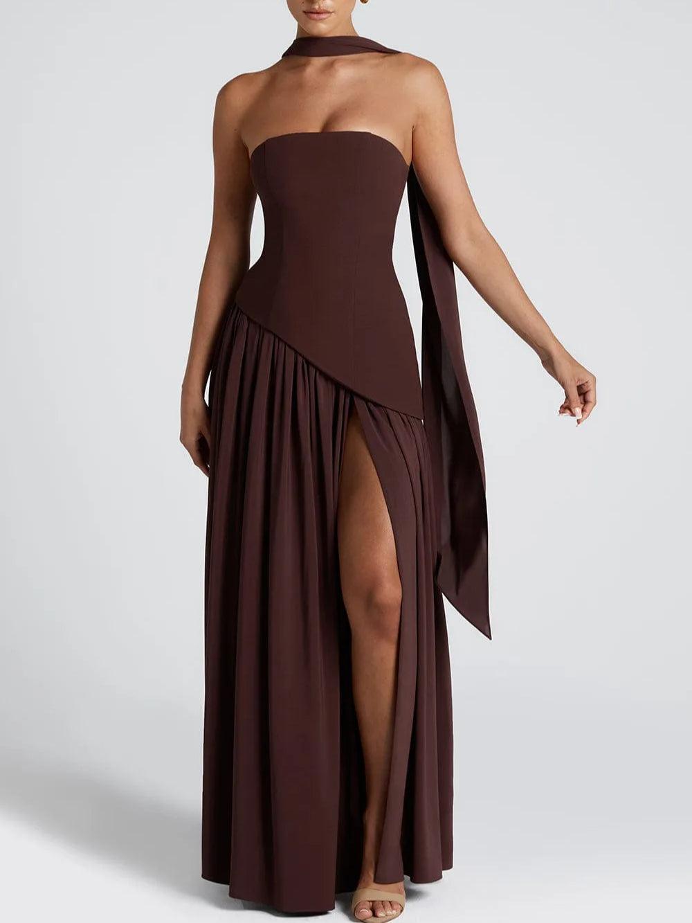 Vestido Maxi de Satén Elegante para Mujeres con Chal Esculpido Sin Mangas y Gran Abertura, Estilo Formal para Invitadas de Boda